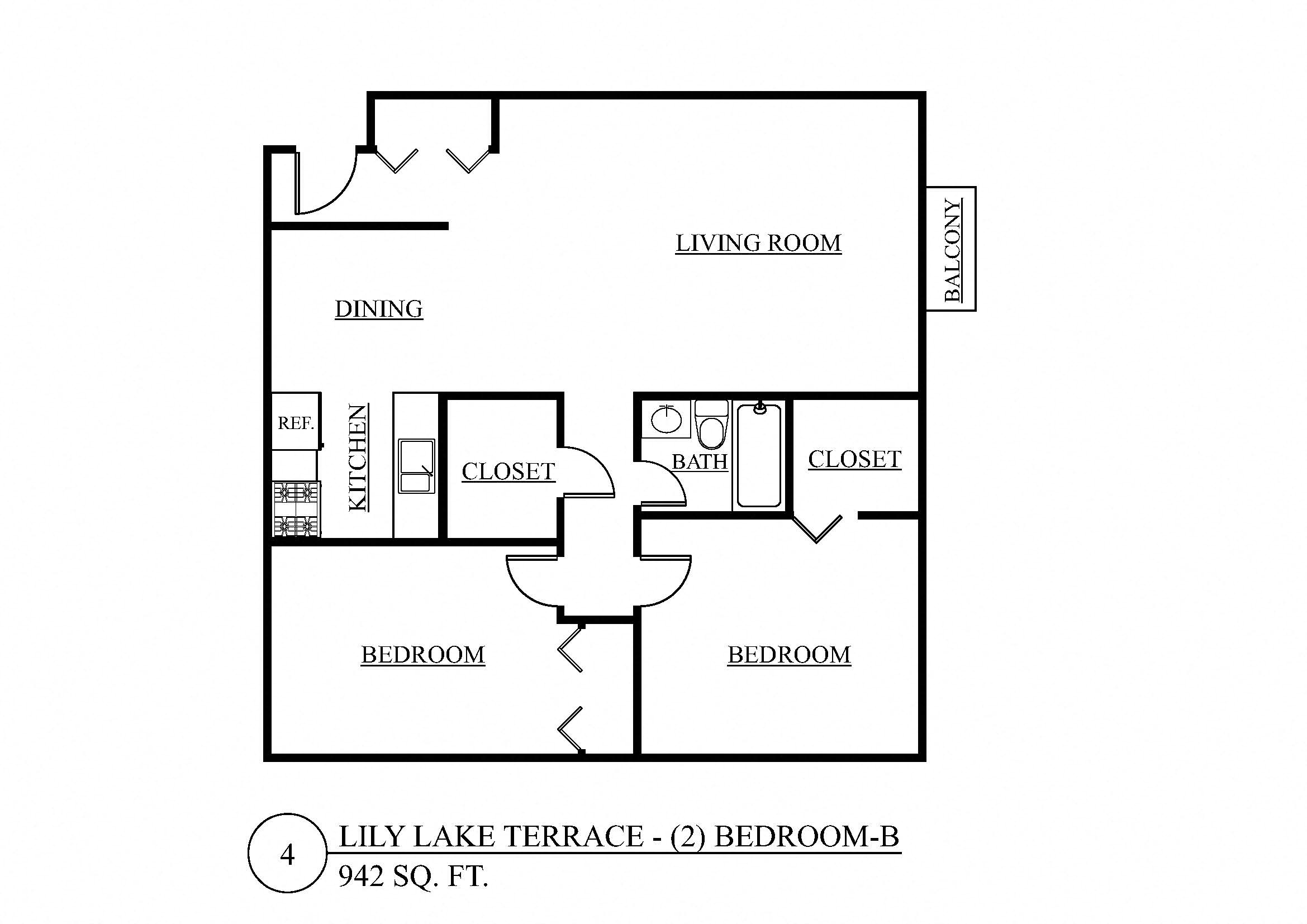 Floor plan for 2 beds, 1 bath, 942 sqft